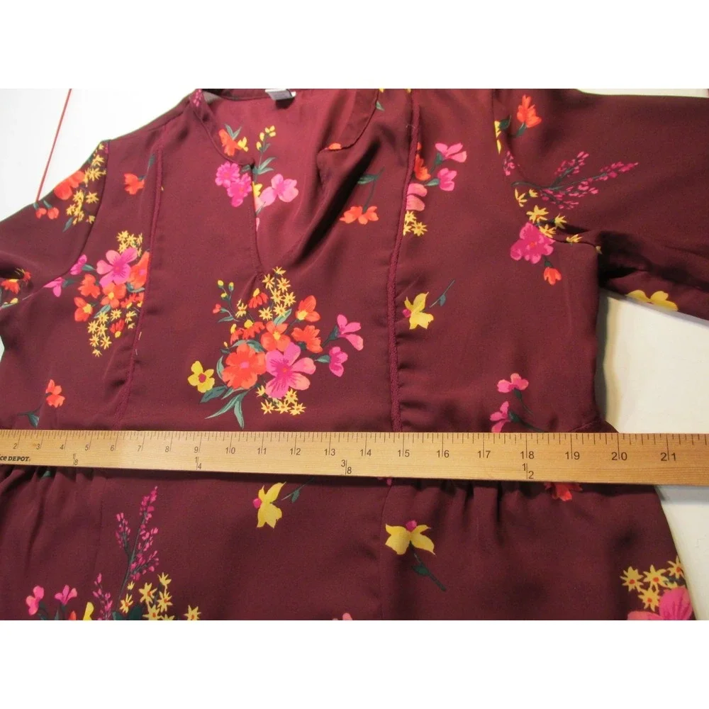Old Navy Burgundy Floral Tunic Peasant Blouse Womens M V-Neck Boho 339474-02